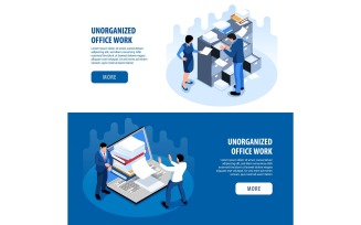 Isometric Unorganized Office Work Banners 210110502 Vector Illustration Concept