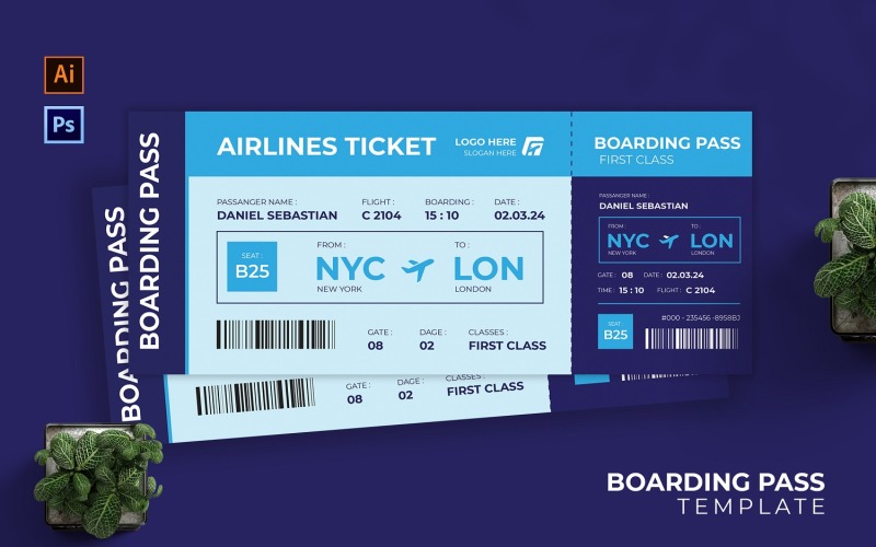Bluming Airlines Ticket Boarding Pass Corporate Identity