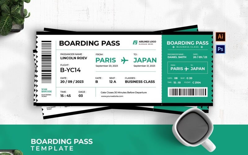 Green Airlines Ticket Boarding Pass Corporate Identity