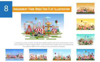 8 Amusement Park Rides Fair Flat Illustration