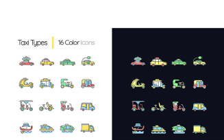 Taxi Types Light And Dark Theme RGB Color Icons Set Vectors