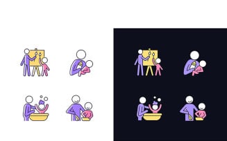 Parent-Child Bonding Light And Dark Theme RGB Color Icons Set