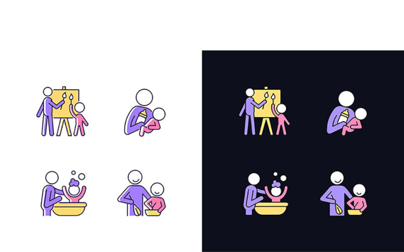 Parent-Child Bonding Light And Dark Theme RGB Color Icons Set Vector Graphic