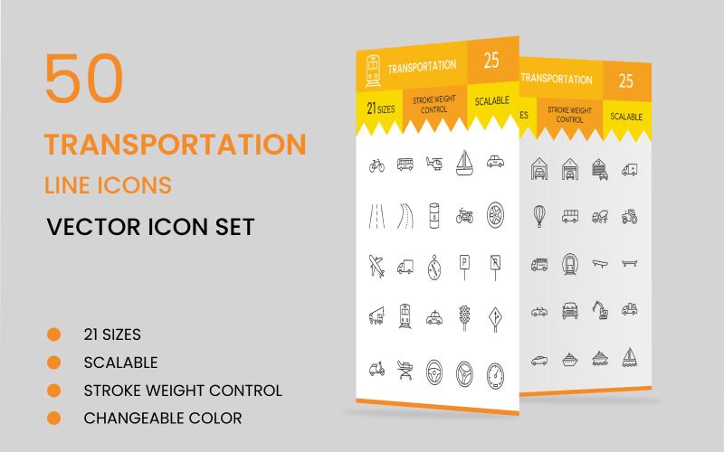 50 Transportation Line Icon Set Template