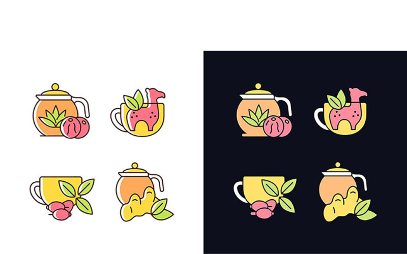 Medicinal Tea Light And Dark Theme RGB Color Icons Set Vector Graphic