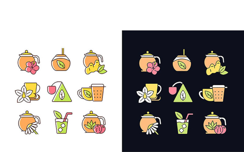 Tea And Tea-Like Beverages Light And Dark Theme RGB Color Icons Set Vector Graphic
