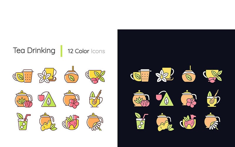 Tea Drinking Related Light And Dark Theme RGB Color Icons Set Vector Graphic