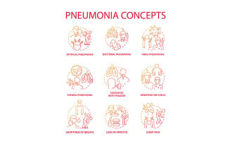 Pneumonia Red Gradient Concept Icons Set