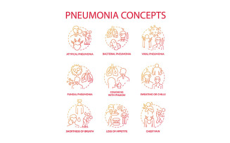 Pneumonia Red Gradient Concept Icons Set