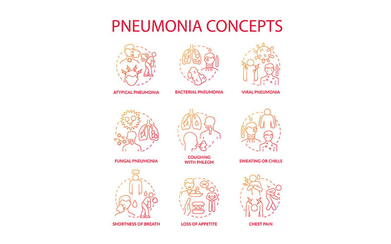 Pneumonia Red Gradient Concept Icons Set Vector Graphic