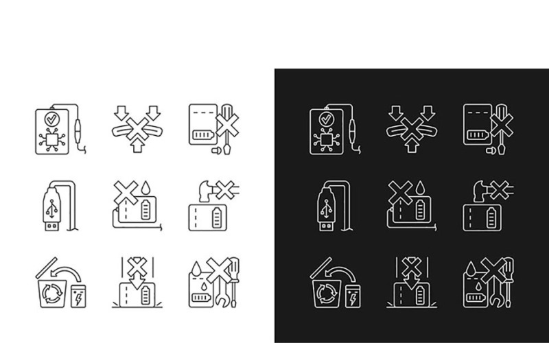 Power Bank Instruction Linear Manual Label Icons Set For Dark And Light Mode Vector Graphic