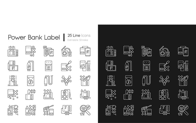 Power Bank Usage Linear Manual Label Icons Set For Dark And Light Mode Vector Graphic