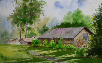 Watercolor village beautiful house winter morning hand drawn illustration