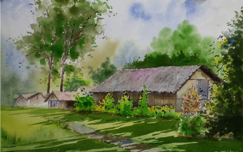 Watercolor village beautiful house winter morning hand drawn illustration Illustration
