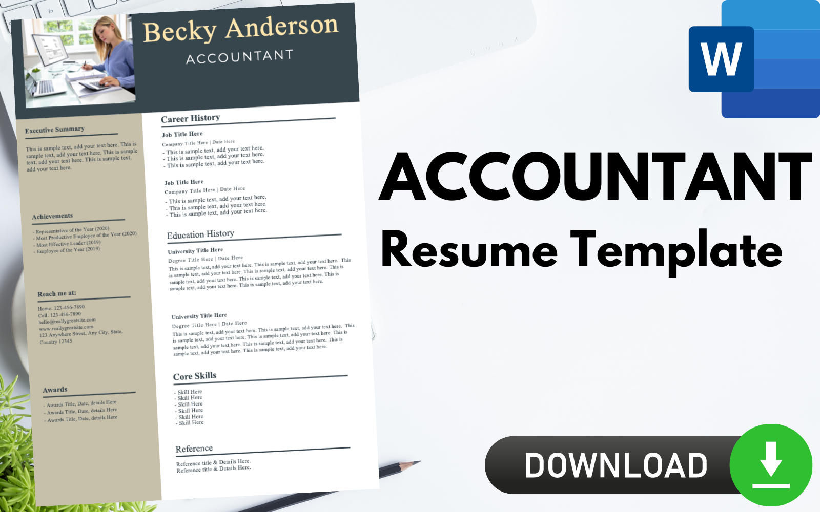 Single Page Resume / CV Template for ACCOUNTANTS.