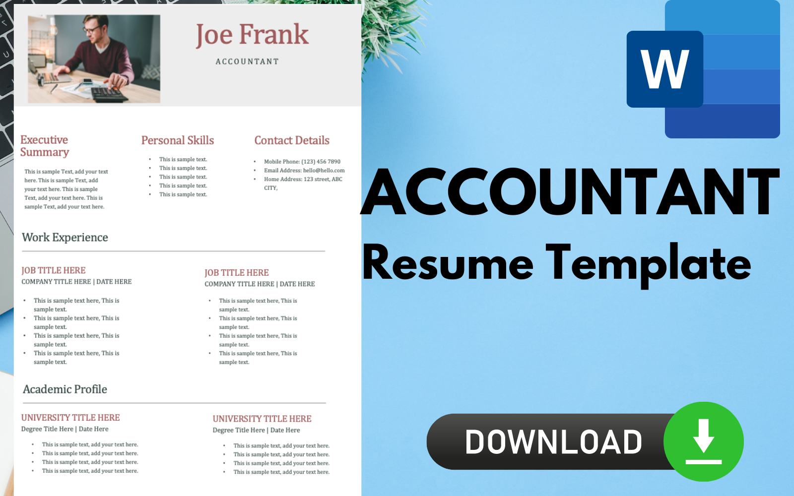 Modern ONE-PAGE Resume / CV Template for ACCOUNTANTS.