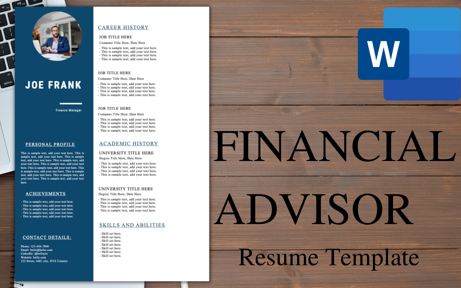 Modern ONE-PAGE Resume / CV Template for Financial Advisor..