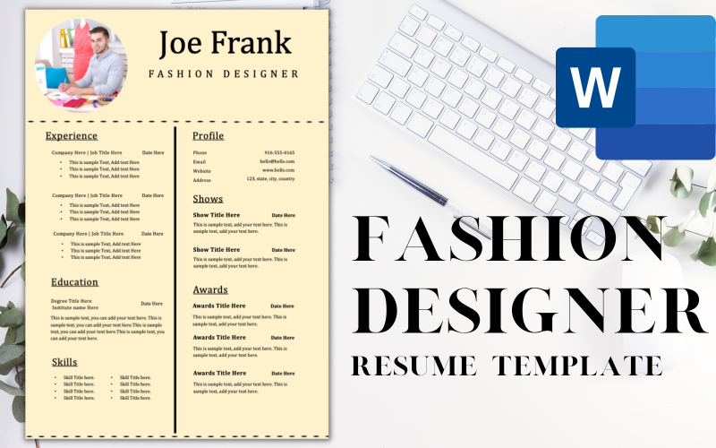 Modern ONE-PAGE Resume / CV Template for FASHION DESIGNERS. Resume Template