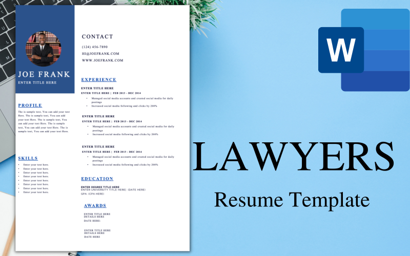Modern ONE-PAGE Resume / CV Template for Lawyers. Resume Template