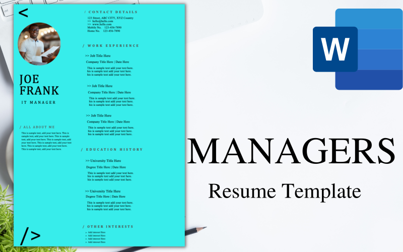 Modern ONE-PAGE Resume / CV Template for MANAGERS. Resume Template