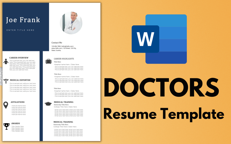 Single page Modern Resume / CV Template for DOCTORS. Resume Template