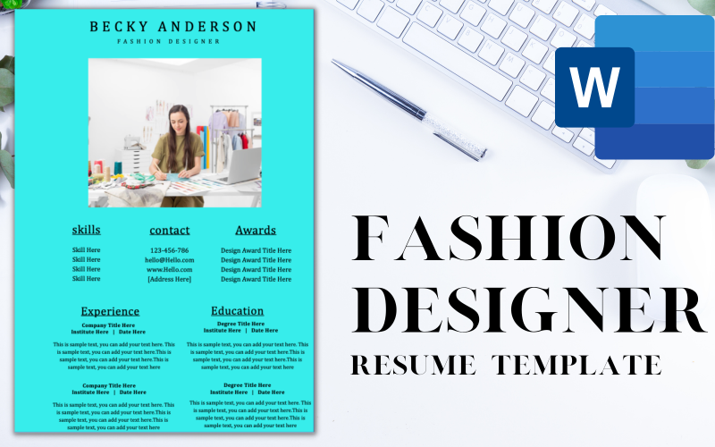 Single page Modern Resume / CV Template for FASHION DESIGNER. Resume Template