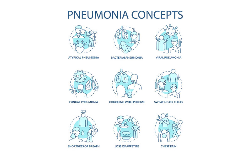 Pneumonia Blue Concept Icons Set Vector Graphic