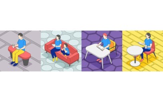 Reading People Isometric 4X1 200830147 Vector Illustration Concept