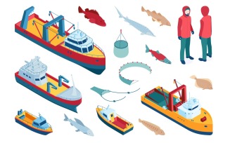 Isometric Commercial Fishing Color Set 201150408 Vector Illustration Concept
