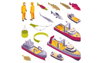 Isometric Commercial Fishing Set 201150407 Vector Illustration Concept