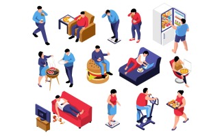 Isometric Obesity Unhealthy Diet Lifestyle Set 201110504 Vector Illustration Concept