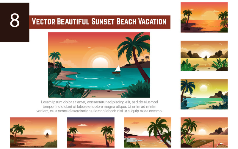 8 Vector Beautiful Sunset Beach Vacation Illustration
