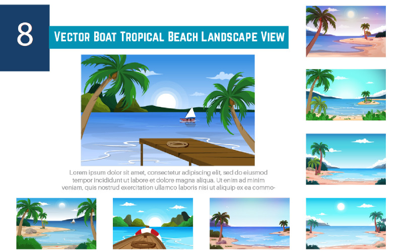 8 Vector Boat Tropical Beach Landscape View Illustration