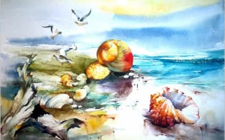 Watercolor birds flying on the sea beautiful scenery hand drawn illustration