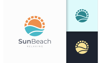 Ocean or Sea Logo in Wave and Sun Represent Adventure