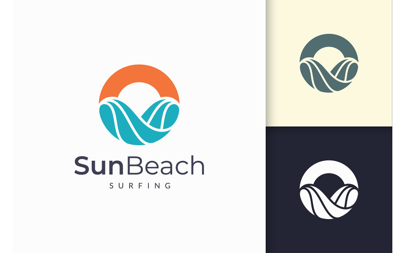 Ocean or Sea Logo in Wave and Sun Represent Adventure and Surf Logo Template