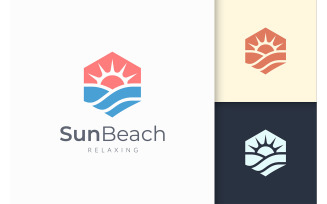 Ocean or Sea Logo in Wave and Sun Represent Adventure with Modern Style