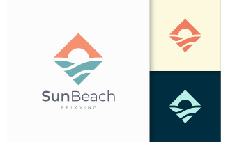 Ocean or Sea Logo in Wave and Sun Represent Surf