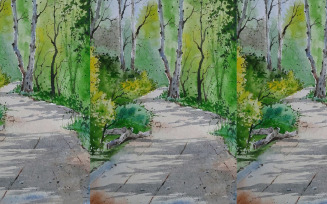 Watercolor Beautiful Road in Garden Hand Drawn Illustration Vector