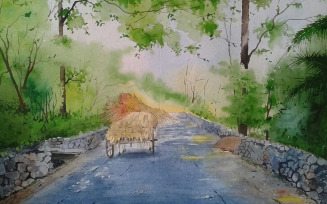 Watercolor Beautiful Road In Village Hand Drawn Illustration Vector
