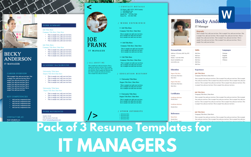Pack of 3 Resume Templates for IT Managers - MS word CV RESUME FORMAT