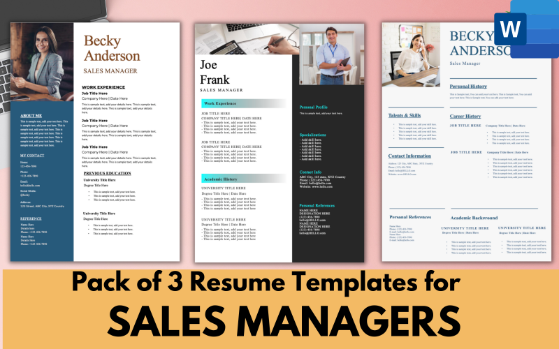 Pack of 3 Resume Templates for Sales Managers - MS word CV RESUME FORMAT