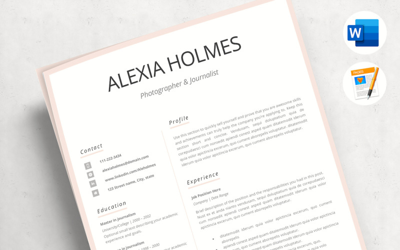ALEXIA - Modern Resume Design with Cover Letter Example & References. CV for MS Word & Pages Resume Template