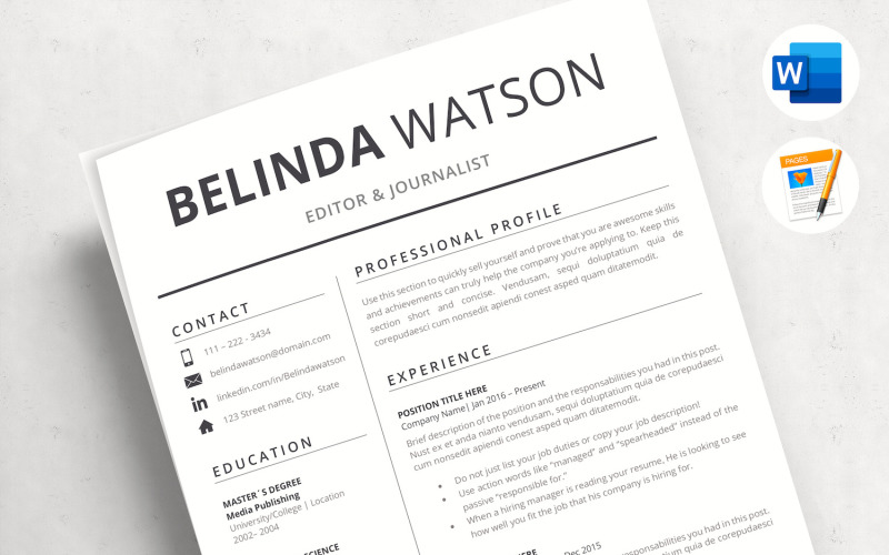 BELINDA - Professional & Modern Resume Format. Downloadable Resume Design, Cover and References Resume Template