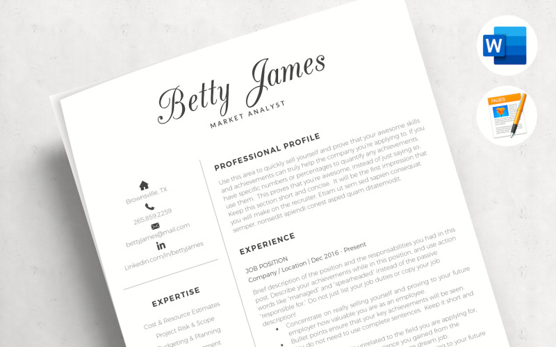 BETTY - Market Analyst Professional Resume. Minimalist CV with matching Cover & references Resume Template