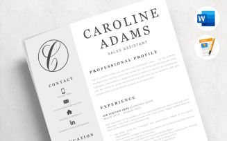 CAROLINE - Sales Assistant Resume Template, Cover Letter and References for Word and Pages