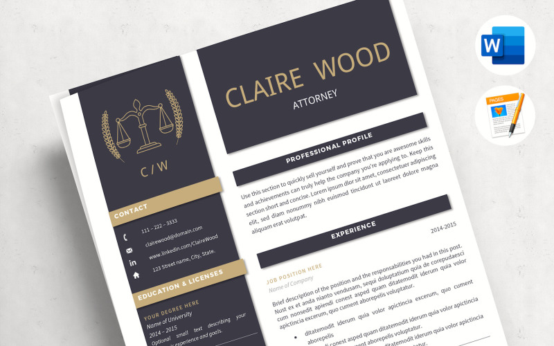 CLAIRE - Lawyer Resume for MS Word and Pages. Attorney Resume with Cover, References & icons Resume Template