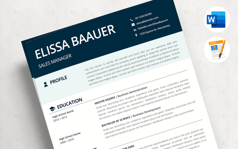 ELISSA - Modern Resume. Professional Biodata template for MS Word & Pages. Sales Manager CV Resume Template