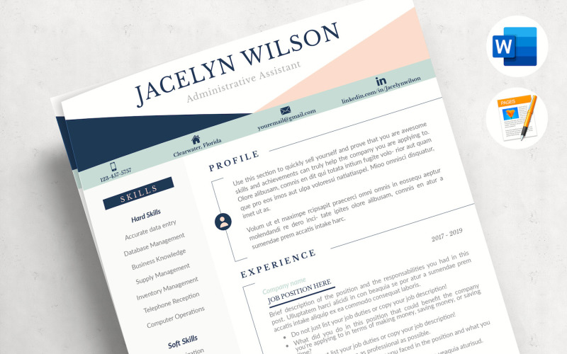 JACELYN - Professional Resume for Administrative Assistant and Matching Cover Letter Resume Template