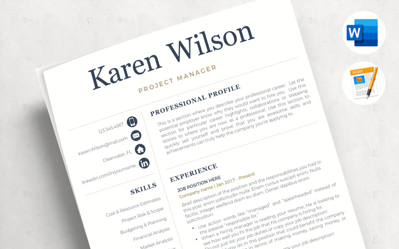 KAREN - Professional CV for project managers. CV with Cover Letter, References, and Career tips Resume Template